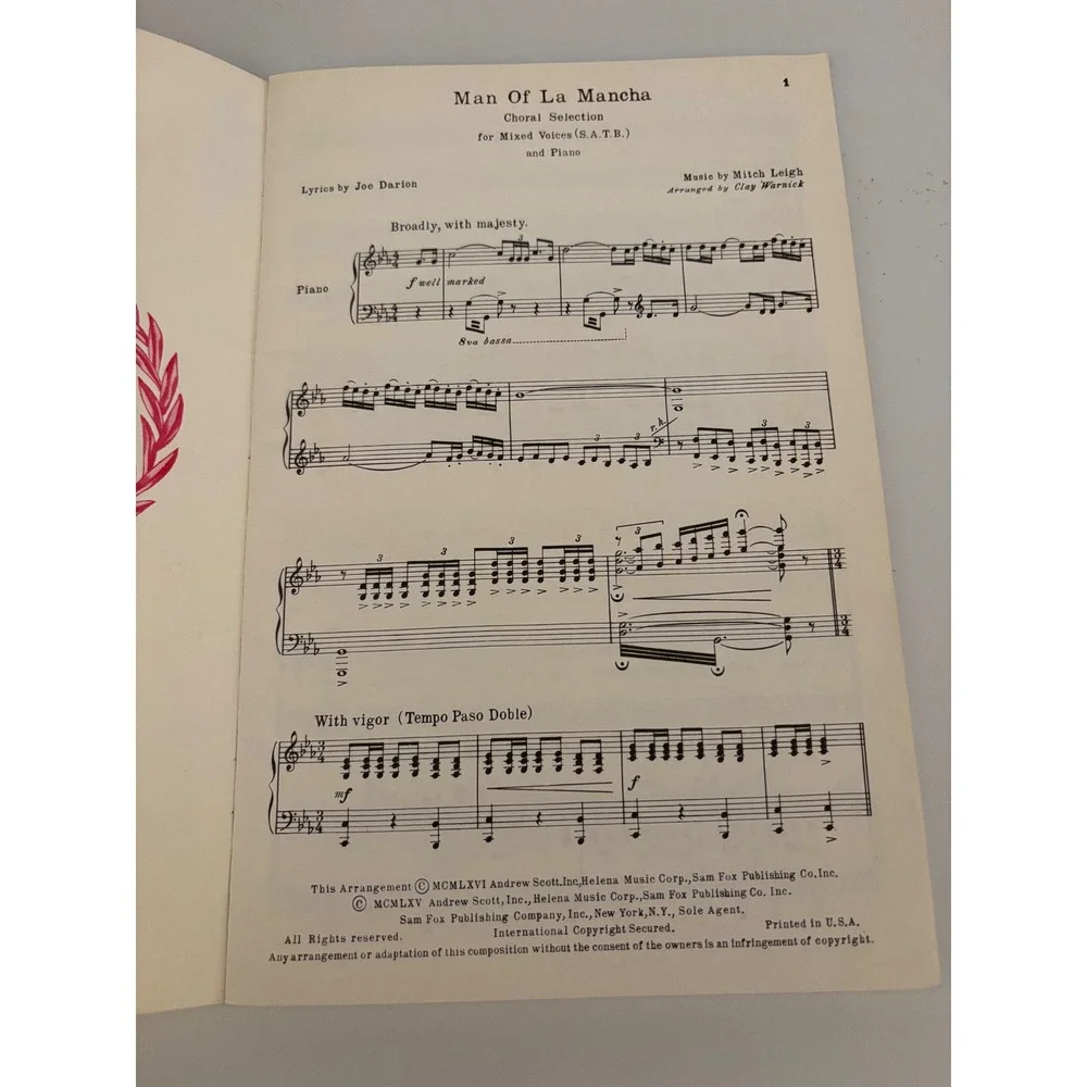 Man of‎ La Mancha Choral Sheet Music Mixed Voices S.A.T.B. Sam Fox Publishing